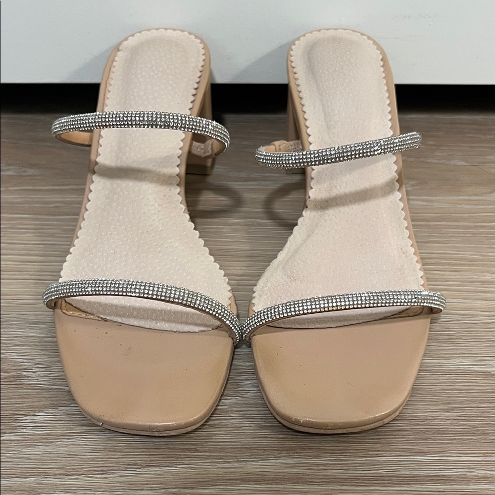 Nude block heels with rhinestone straps